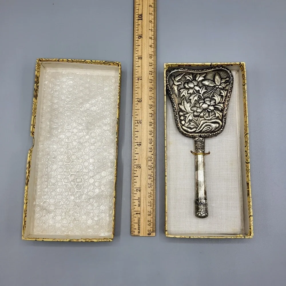 Vintage Hand Mirror Repousse Floral Dragonfly Silver Tone Ornate 6.5